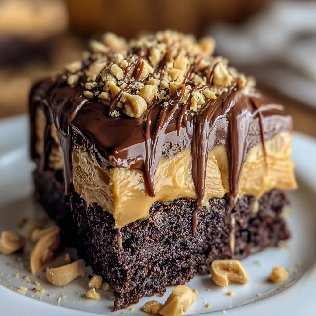 Decadent Chocolate Peanut Butter Poke Cake with Chocolate Ganache and Crushed Peanuts - tertiary view